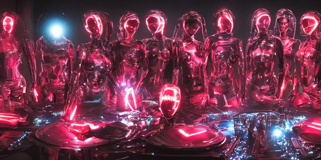 Image similar to !13 diverse cybersuits on !one_side of a reflective !metal table, !!posing_as_last_supper cinematic lighting, detailed glowing red implants, satin, crystal, liquid, floating, !!highly detailed