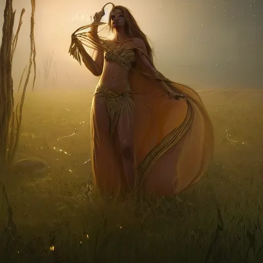 Prompt: digital painting of a goddess wearing a long gold cape creating life in a grass fiel, at night, stunning, cinematic lighting, concept art by greg rutkowski and simon stalenhag, artstation, cinematic, masterpice, insanely detailed, very realistic