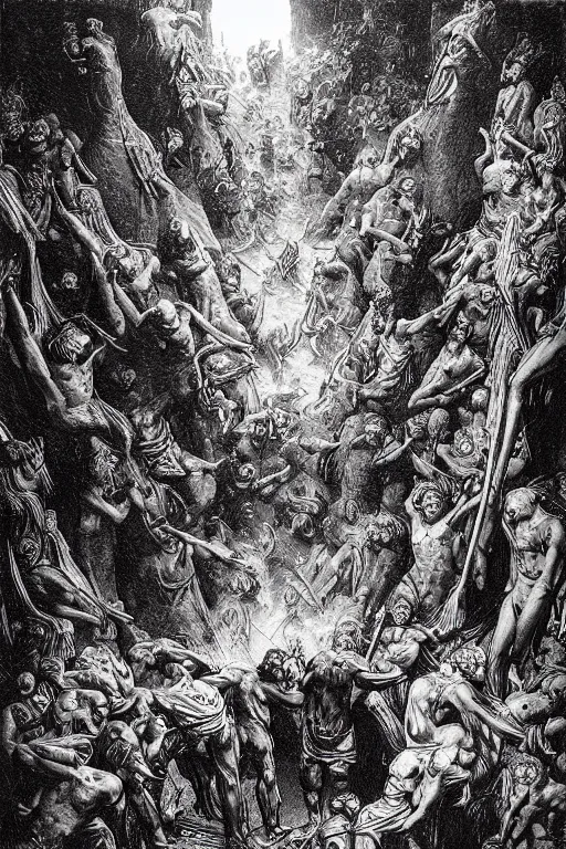 Image similar to colorful!!! dante inferno by laurie greasley and bouguereau, ( ( etching by gustave dore ) ), ultraclear intricate, sharp focus, highly detailed digital painting illustration, concept art, masterpiece