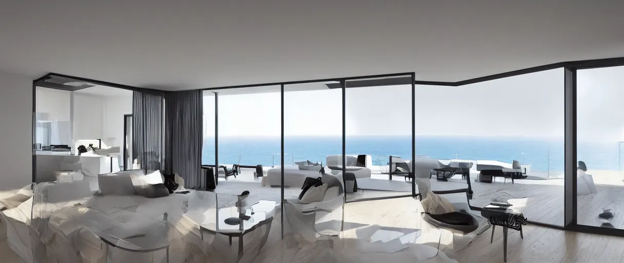 Image similar to “Modern duplex apartment interior with big windows exceptional view from a Clift to the sea minimalistic award design with innovative furniture”