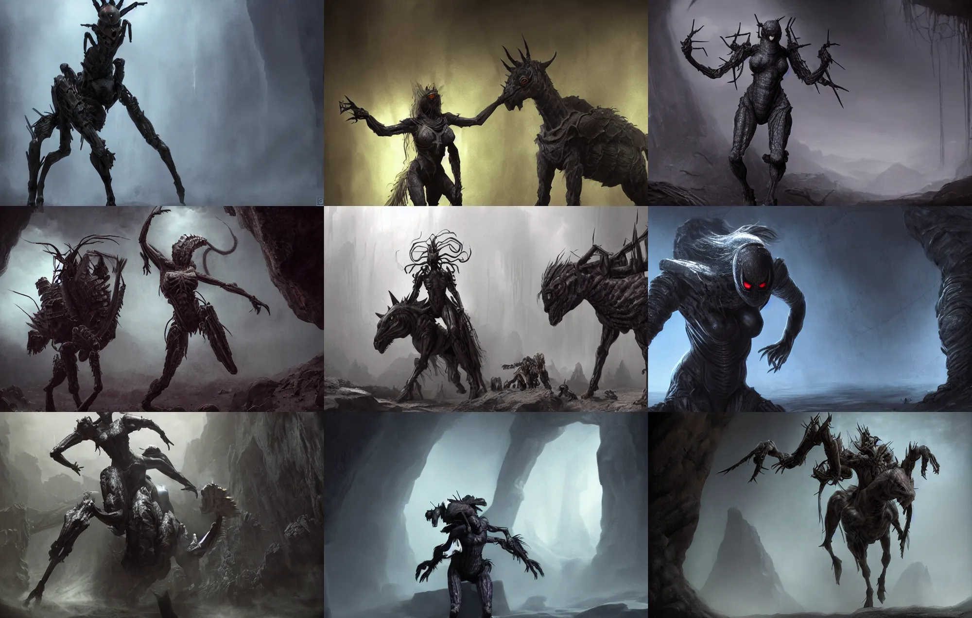 Prompt: creepy matte painting of an armored female centaur with eight spider legs in a dark cave, ultra detailed, monster, half human half spider, human torso and head, human face, human arms, spider thorax, creature design, concept art, 8 k, moody lighting, muted colors, blue tone light, dramatic lighting, realistically proportioned face