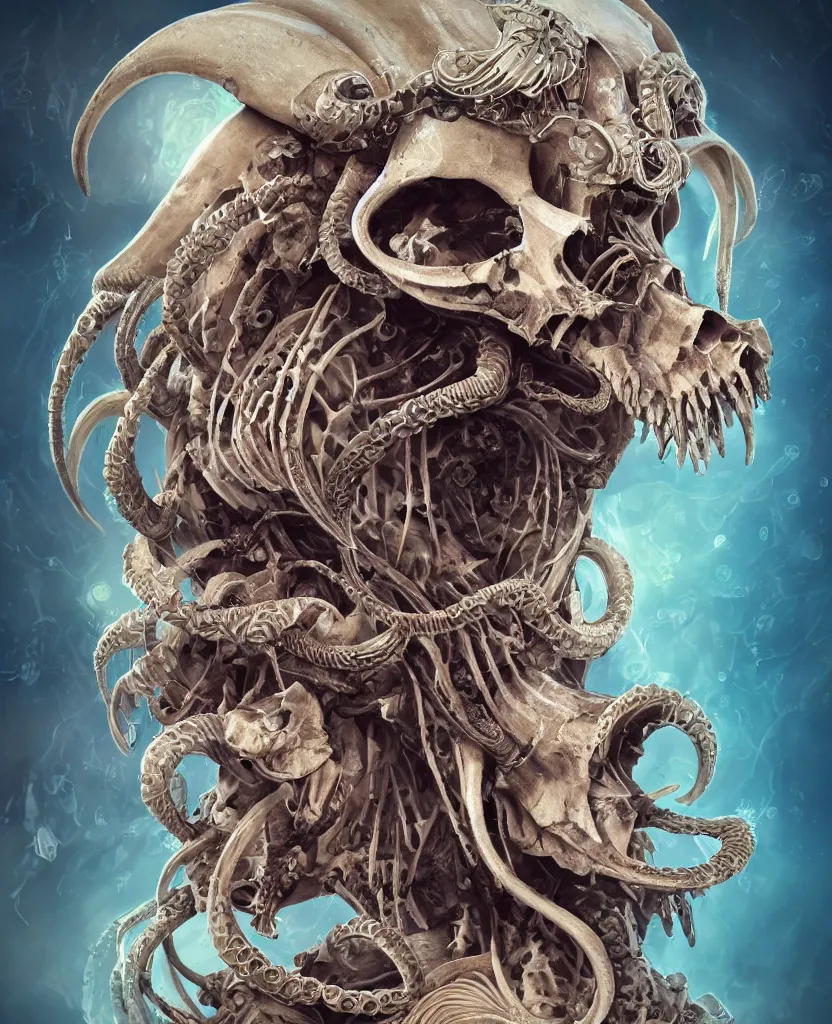 Image similar to close-up macro portrait of the face of a beautiful princess with ram animal skull mask, epic angle and pose, ribcage skeleton symmetrical artwork, 3d with depth of field, blurred background, cybernetic jellyfish female face phoenix bird, translucent, nautilus, energy flows of water and fire. a highly detailed epic cinematic concept art CG render. made in Maya, Blender and Photoshop, octane render, excellent composition, cinematic dystopian brutalist atmosphere, dynamic dramatic cinematic lighting, aesthetic, very inspirational, arthouse. y Greg Rutkowski, Ilya Kuvshinov, WLOP, Stanley Artgerm Lau, Ruan Jia and Fenghua Zhong