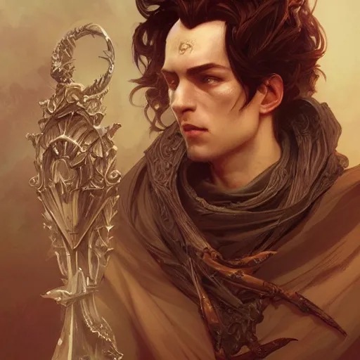 Image similar to portrait of a male necromancer, D&D, fantasy, intricate, elegant, highly detailed, digital painting, artstation, concept art, smooth, sharp focus, illustration, art by artgerm and greg rutkowski and alphonse mucha