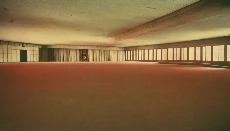 Prompt: 60s movie still of a sovietic stalinist style empty high ballroom, cinestill 800t 50mm eastmancolor, liminal Space style, heavy grain, flash-s 150