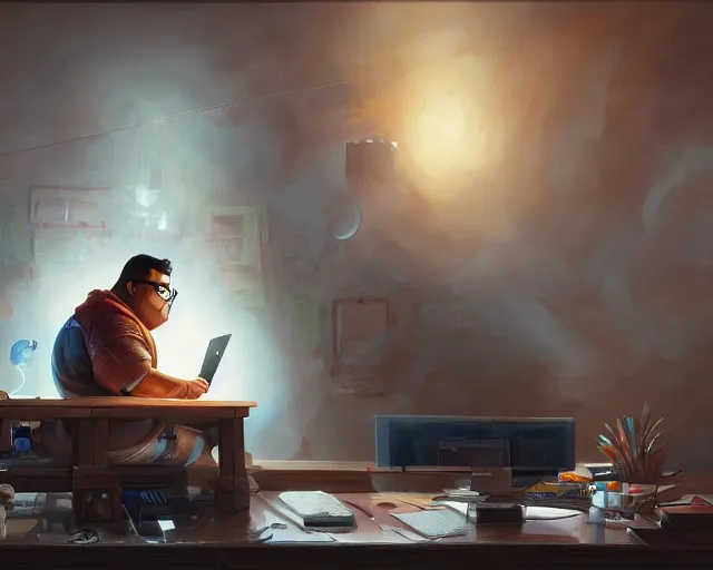 Image similar to an insanely detailed painting of a slightly chubby, nerdy asian man wearing a superhero costume, sitting at a desk, staring at the nervously at the computer and typing, in the style of peter mohrbacher, dramatic lighting and composition, octane render, pixar, trending on artstation, concept art, comic book, view from behind