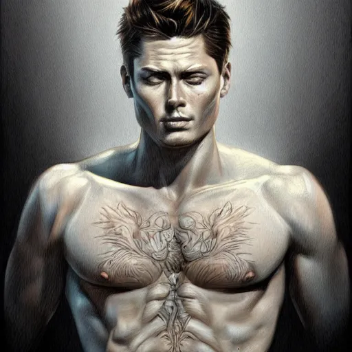 Prompt: Portrait of Dean Winchester , intricate upper body, whole body, highly detailed, digital painting, artstation, concept art, smooth, sharp focus, illustration, art by Hajime Sorayama