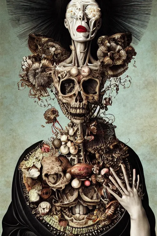 Image similar to Detailed maximalist portrait with large lips and with large eyes, sad expression, skeletal, HD mixed media, 3D collage, highly detailed and intricate surreal illustration in the style of Caravaggio, dark art, baroque