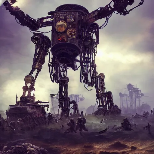 Image similar to gigantic bipedal humanoid war machine standing in a battlefield, steam punk, 70's sci-fi, highly detailed, deep aesthetic, 4k, highly ornate intricate details, cinematic lighting, rich colors, digital artwork, ray tracing,