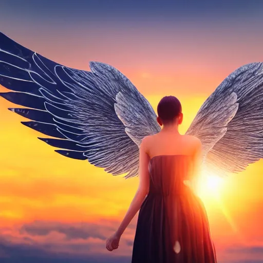Image similar to beautiful angel with majestic wings flying in the sky during a sunset, cinematic, photo, real