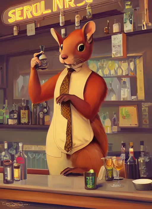 Image similar to squirrel anthro as a dapper bartender with a big, fluffy tail, retro futurism, art deco, detailed, painterly digital art by WLOP and Cory Loftis and Kenne Gregoire, 🐿🍸🍋, furaffinity, trending on artstation