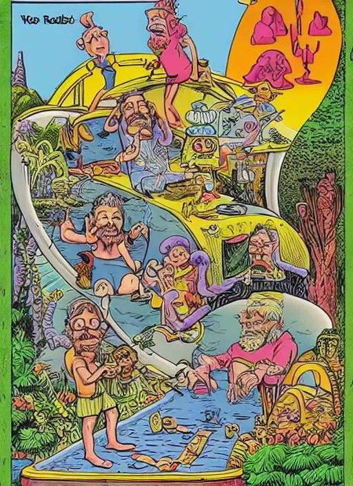 Image similar to dadcore wizards on vacation by basil wolverton and robert crumb in the style of a garbage pail kids card, tarot card, play - doh