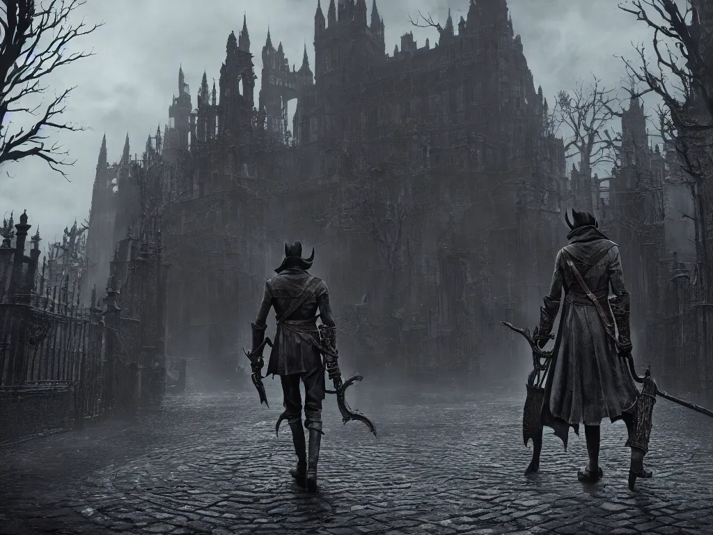 Image similar to bloodborne 2, dark, nighttime, victorian england style, horror, grotesque, serene, haunting, High Definition detail, 8K