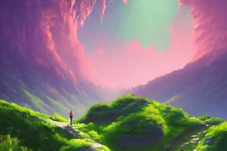 Prompt: a beautifully ultradetailed painting of a mysterious fern green location on top of a universe on the side of a mountain filled with giant orange and purple crystals illuminated by pastel pink fireflies, icy blue mist, morning shot, alena aenami, raphael lacoste, makoto shinkai, 4 k, trending on artstation