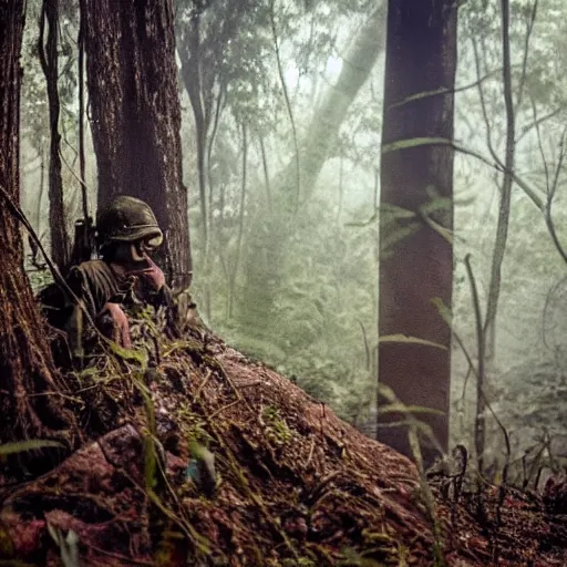 Prompt: us soldier in vietnam era clothes, meditating above the ground in a dense jungle, eyes are bright lights, mystical fog surrounds them, spooky