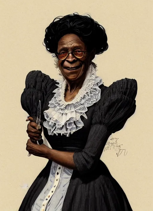 Prompt: a portrait of an old black woman with a crooked nose in victorian clothing, confident pose, intricate, elegant, sharp focus, illustration, highly detailed, concept art, matte, trending on artstation, anime, art by james jean and artgerm and brian despain and alberto mielgo, greg rutkowski, wlop, ilya kuvshinov, strong strokes