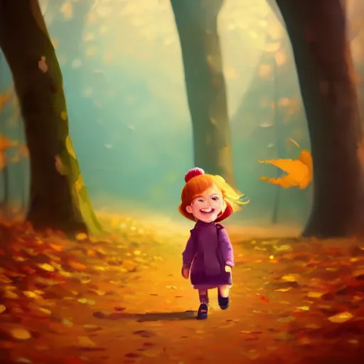 Image similar to samantha mash ilustration a beautiful little girl smiling, walking calmly through an autumn forest, style by goro fujita, character art, sharp focus, highly detailed, artstation