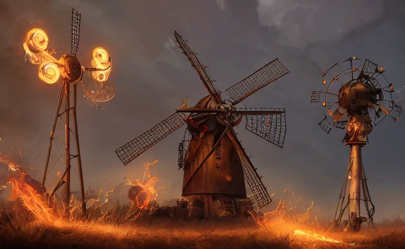 Prompt: a steampunk windmill, robot, fire, ash, electricity lightning, furry, soft, concept art, sharp focus, intricate details, highly detailed, photorealistic, disney pixar, octane render, iridescent, anime, 8 k