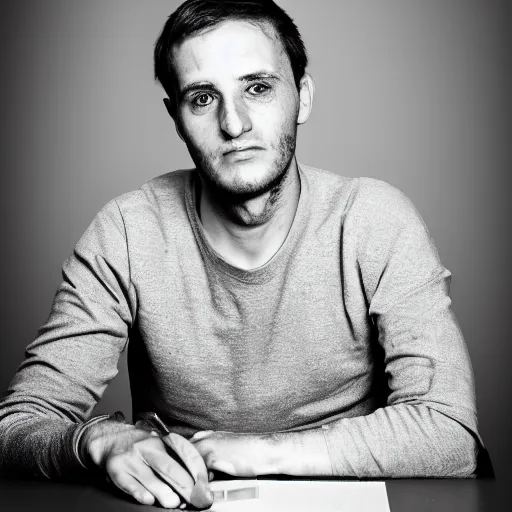 Image similar to portrait of a 3 0 years old frenchman in 2 0 2 0 seated at a table. award winning photography, 5 0 mm, studio lighting, black and white, contrasted.