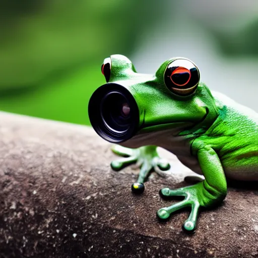 Image similar to cyborg frog with a camera lens as a head, clean design, front profile, monochromatic photo