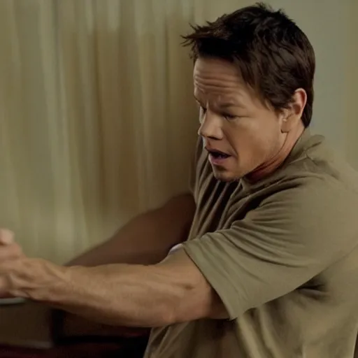 Image similar to scene from a movie that looks like a drama but it's a laugh hard comedy, mark wahlberg being a chaotic mess, shot by darren aronofsky, 4 k