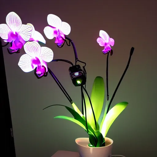 Prompt: an orchid flower, robotic, made of metal, shiny, LED lights, glowing