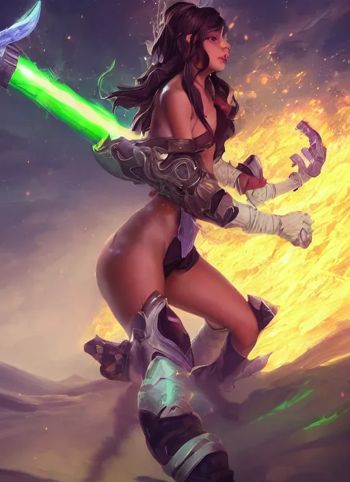 Image similar to senna from league of legends, au naturel, firing a giant weapon, brown skin, glowing green neon eyes, wearing white robe, digital art, trending in artstation, cinematic lighting, studio quality, smooth render, unreal engine 5 rendered, octane rendered, art style by klimt and nixeu and ian sprigger and wlop and krenz cushart