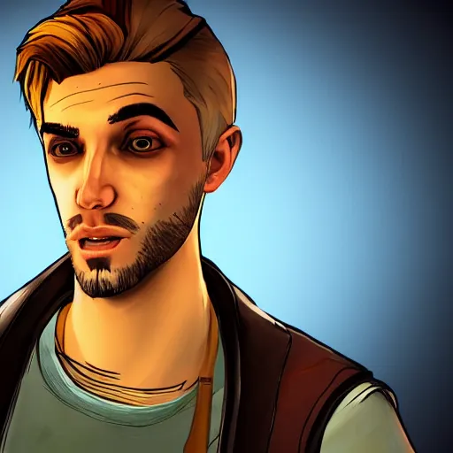 Image similar to a blond young spanish man portrait, borderlands, tales from the borderlands, the wolf among us, comic, cinematic lighting, studio quality, 8 k