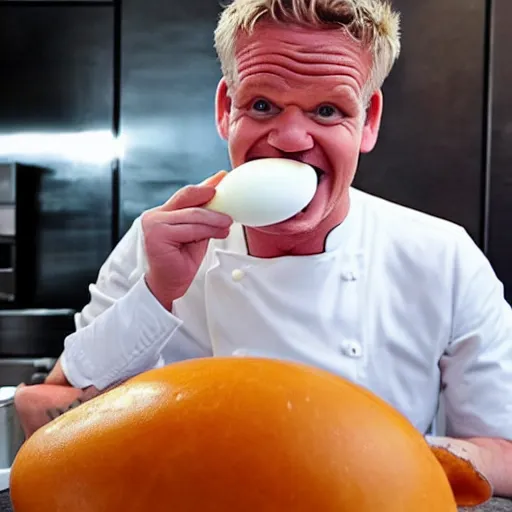 Prompt: < photo hd trending funny > gordon ramsey foams at the mouth with hunger after seeing a gigantic boiled egg < / photo >