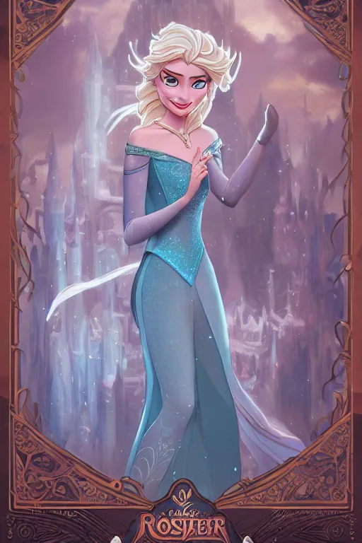 Image similar to elsa from frozen as steampunk princess, blonde hair, high fantasy, dnd, smooth, sharp focus, illustration, highly detailed, digital painting, artstation, concept art, by disney animation, rossdraws, alphonse mucha, frank fanzzeta, collectible card art