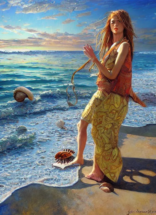 Image similar to she sells sea shells by the sea shore; painting by Jon foster.