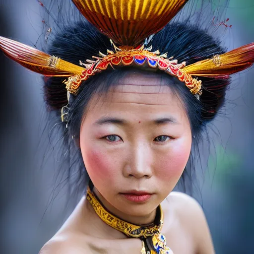 Image similar to A female maiden ancient asian tribal princess, (EOS 5DS R, ISO100, f/8, 1/125, 84mm, postprocessed, crisp face, facial features)