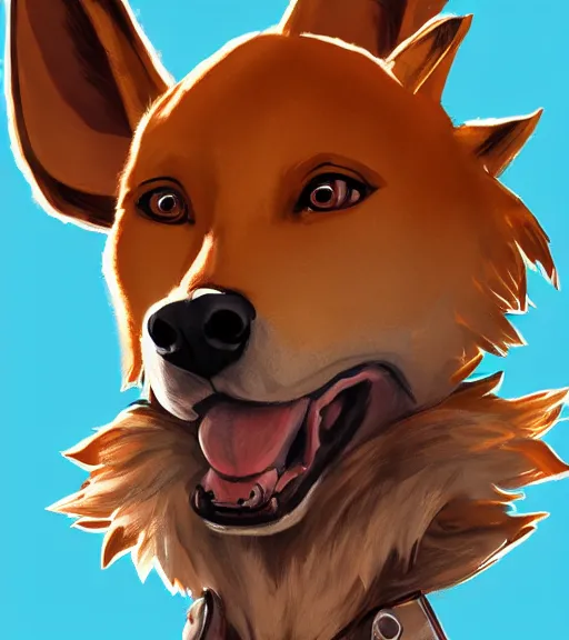 Image similar to stylized three quarters portrait concept art of the anthro anthropomorphic dingo dog head animal person fursona wearing clothes adventurer standing in australia outback, hidari, color page, tankoban, 4 k, tone mapping, akihiko yoshida, clean bright happy