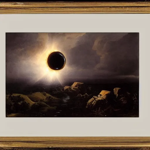 Image similar to by jacob van ruisdael funereal. a beautiful land art of a black hole consuming a star.