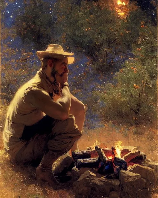 Image similar to very very attractive man contemplates his hands from beside the fire, his tent is nearby, nighttime, dim stars, bright firelight, melancholy, nostalgia, painting by gaston bussiere, craig mullins, j. c. leyendecker