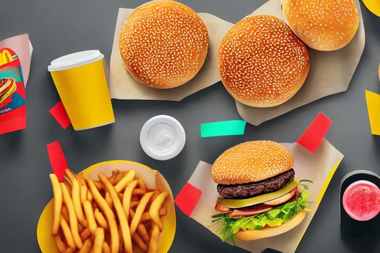 Image similar to mcdonalds colorful burgers, commercial photograph taken on table