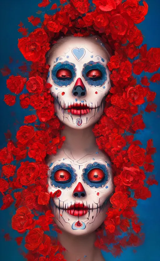 Prompt: a red oil painting hyperrealism of a beautiful woman, flowers, dia de los muertos makeup, floral headdress, 8 k resolution, octane render, trending on artstation, by gediminas pranckevicius, volumetric light 2 blue fractal thunder glow by dan mumford, anaglyph effect, laurie lipton