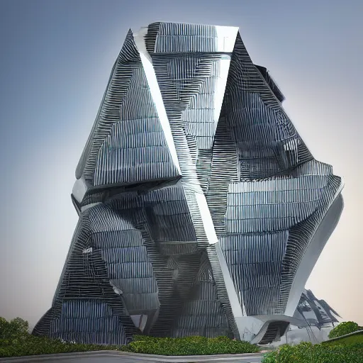 Prompt: a building with a large triangular design on top of it, a digital rendering by zaha hadid, behance, deconstructivism, behance hd, biomorphic, imax