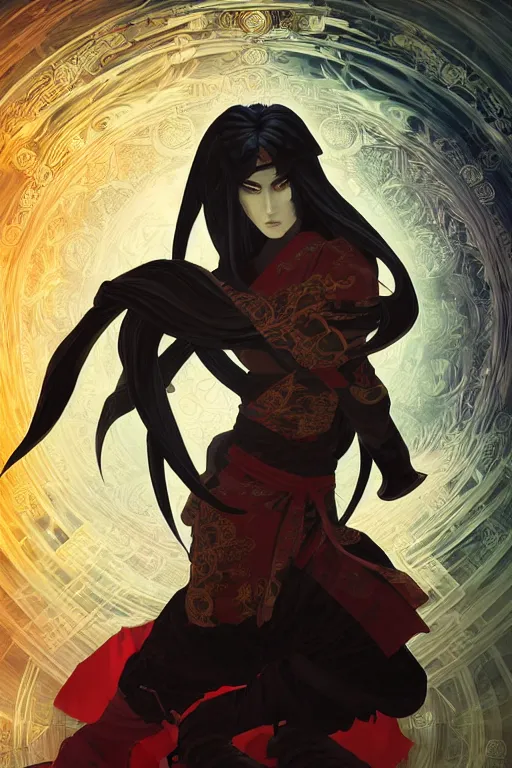 Prompt: beautiful Ninjutsu and evil and gorgerous and mythical female ninja portrait+shiny eyes+light flowing hair, in Ninja Mudra night ruin tokyo temple, ultradetail face, art and illustration by tian zi and craig mullins and WLOP and alphonse mucha, rim lght, fantasy, intricate complexity, human structure, fantasy world concept, watermark, blurry, hyperrealism 8k