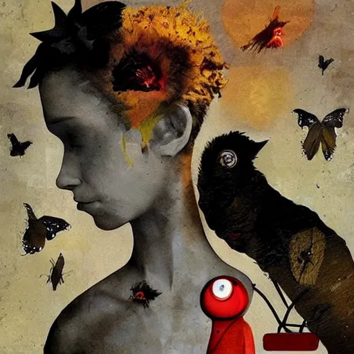 Image similar to a naive woman with a memory that survives the reset of the world, and a small robot bird on her shoulder, collage artwork by dave mckean and esao andrews