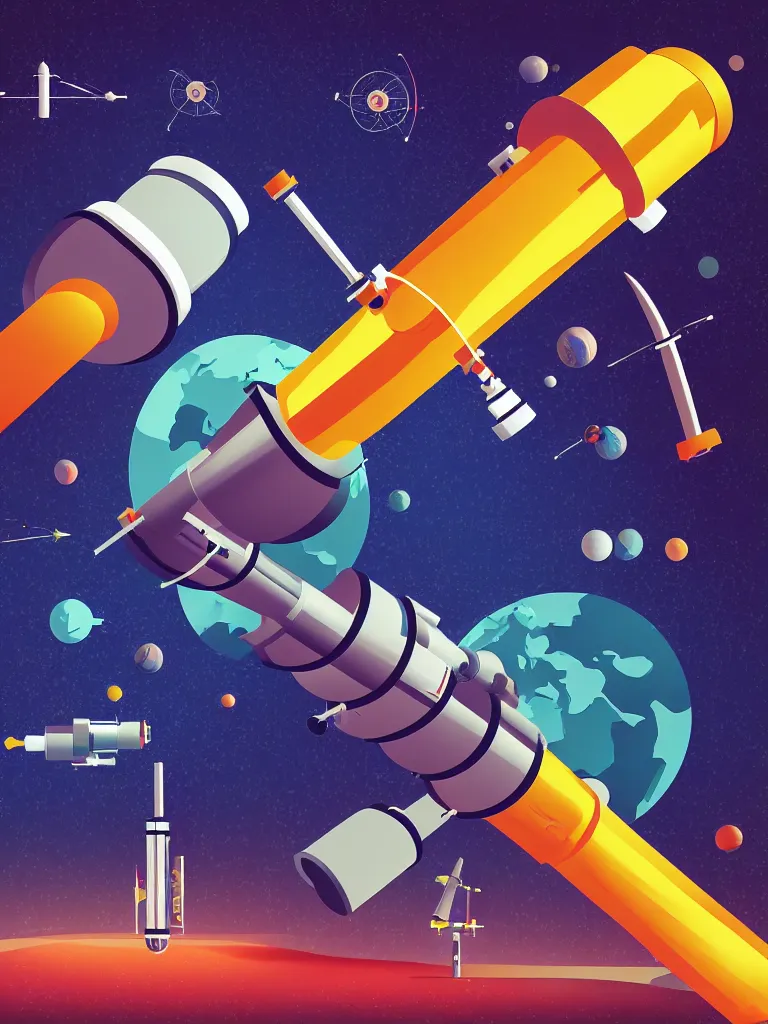 Prompt: editorial illustration scientific lab test tube telescope microscope spaceship artificial satellite, dynamic composition, detailed, matte print, dynamic perspective, colorful modern, mads berg