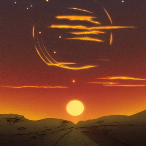 Image similar to sunset in the desert, fantasy art, illustration, animated film, by studio ghibli