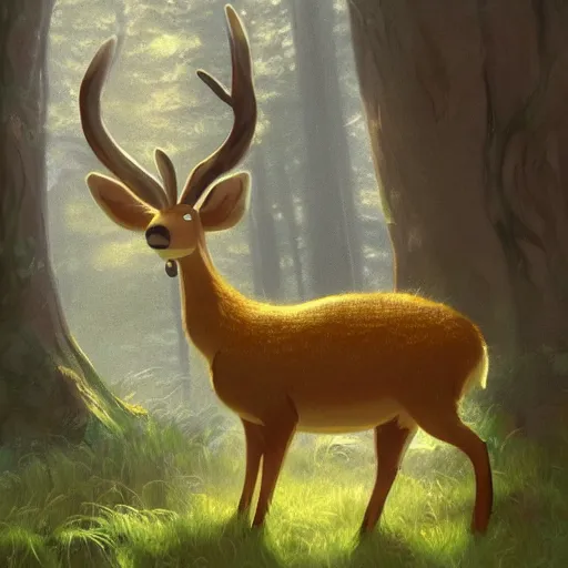 Image similar to concept art painting of an anthropomorphic elderly chubby doe deer wearing yellow robes, in the deep forest, realistic, detailed, cel shaded, in the style of makoto shinkai and greg rutkowski and james gurney