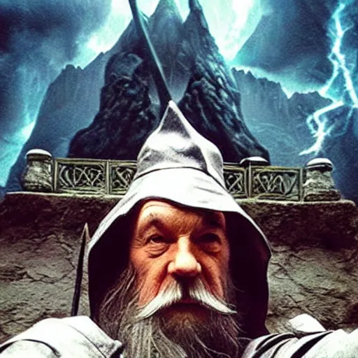 Image similar to Selfie taken by an overconfident Gandalf the Grey on the Bridge of Khazad Dum, a balrog looming in the background,