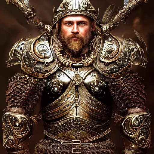 Image similar to portrait art of 8k viking with incredible armor, detailed intricate ornate magical armor made of obsidian and gold, organic, full of colour, cinematic lighting, battered, trending on artstation, 4k, hyperrealistic, focused, extreme details, unreal engine 5, cinematic, masterpiece, art by ayami kojima