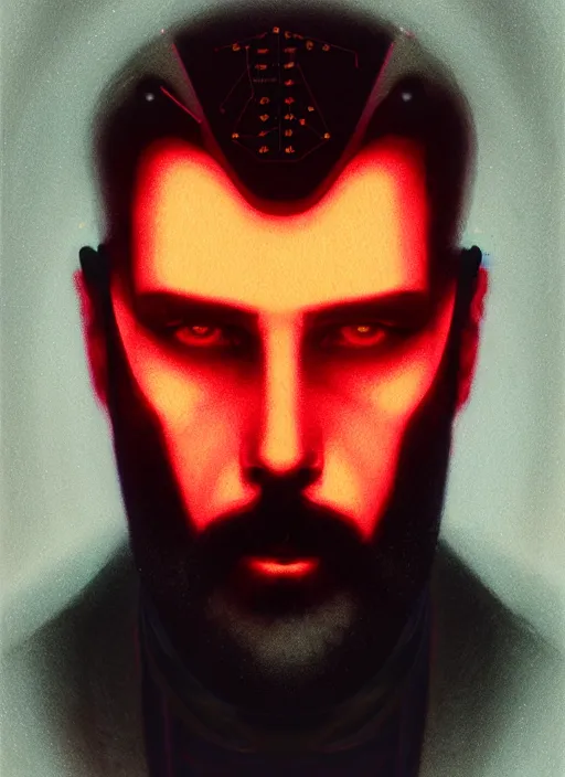 Prompt: symmetry!! 1 3 mm film portrait of bearded man, sci - fi -, cyberpunk, blade runner, glowing lights, tech, biotech, techwear!! intricate, elegant, highly detailed, digital painting, artstation, concept art, smooth, sharp focus, illustration, art by artgerm and greg rutkowski and alphonse mucha, grain, old photograph