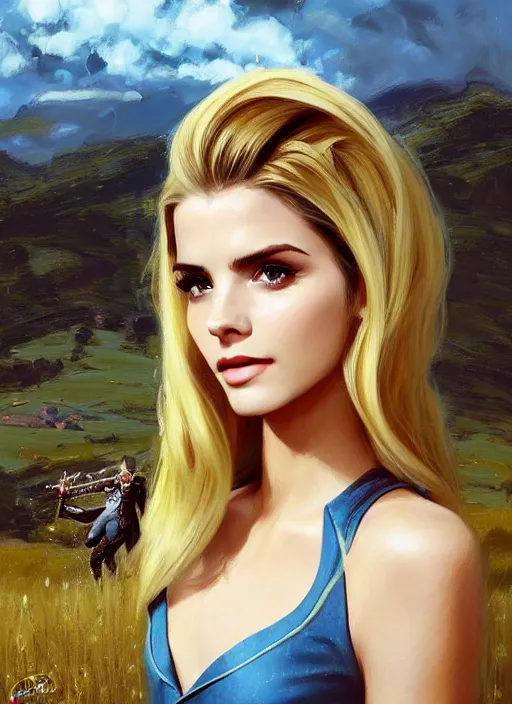 Image similar to portrait of a combination of Ashley Greene, Victoria Justice and Adriana Dxim, Grace Kelly, Emma Watson and Lily Collins with blonde hair wearing Varia Suit from Metroid, countryside, calm, fantasy character portrait, dynamic pose, above view, sunny day, thunder clouds in the sky, artwork by Jeremy Lipkin and Giuseppe Dangelico Pino and Michael Garmash and Rob Rey and Greg Manchess and Huang Guangjian, very coherent asymmetrical artwork, sharp edges, perfect face, simple form, 100mm