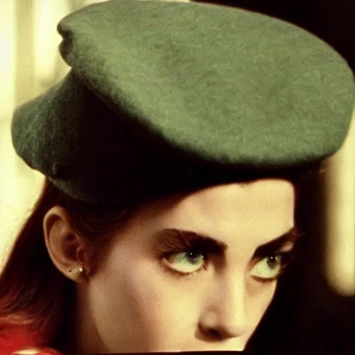 Image similar to still from a masterpiece 1 9 6 0 s french art film, very beautiful and elegant girl in beret with large eyebrows with an angry expression while talking to a man, moody lighting, viewed from afar, cinematic shot, the movie is in color, communist aesthetic