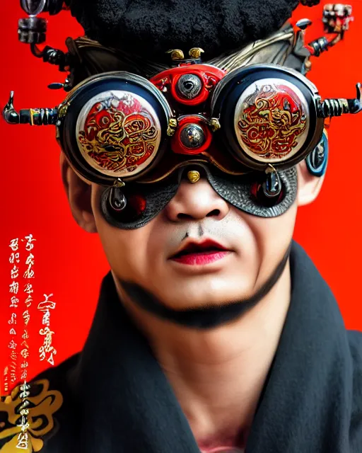 Image similar to photo of a Dramatic angry Peking Opera male character with painted face wearing MadMax style steampunk goggles and accessories in the style of stefan kostic, realistic, sharp focus, symmetric, 8k high definition, insanely detailed, intricate, elegant, art by stanley lau and artgerm, William-Adolphe Bouguereau