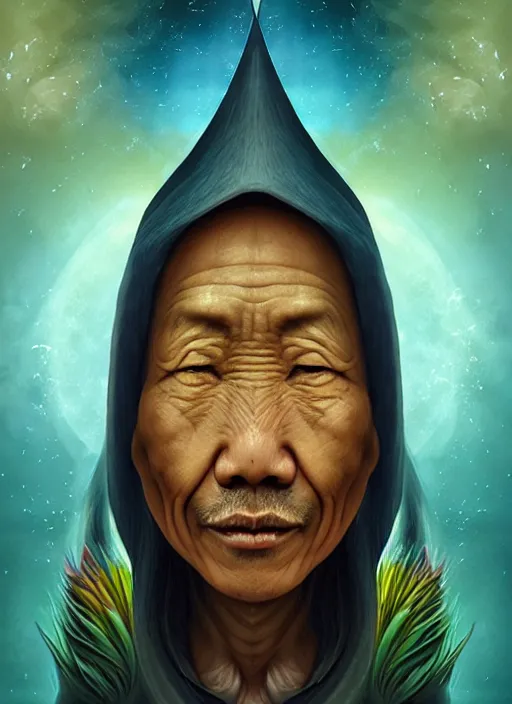 Prompt: matte symmetrical portrait of a wizard of the malay tribe revealing the ancient secret of how life entered the cosmos, noble bearing. by hieronymus bosch, cyril rolando, esher and natalie shau, whimsical, profound, impossible. trending on devaintart.