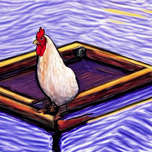 Image similar to digital art of a chicken on a raft, realistic, stylized, artstation, edward munch